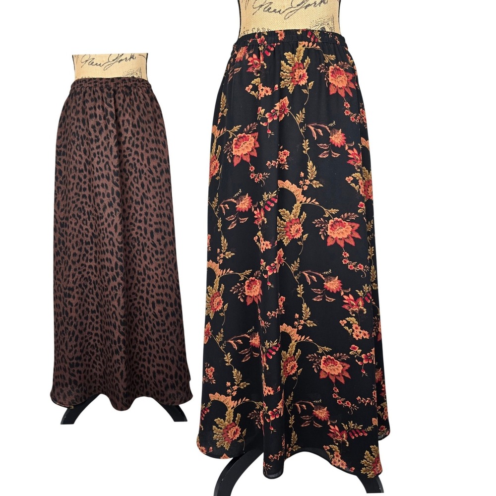 Stonebridge Reversible Floral  Maxi Skirt Black Red Boho‎ Elastic Waist Size S